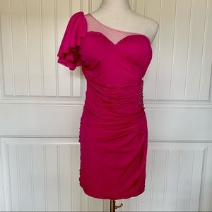 Pink Asymmetric Pearl Embellished Ruched Dress
